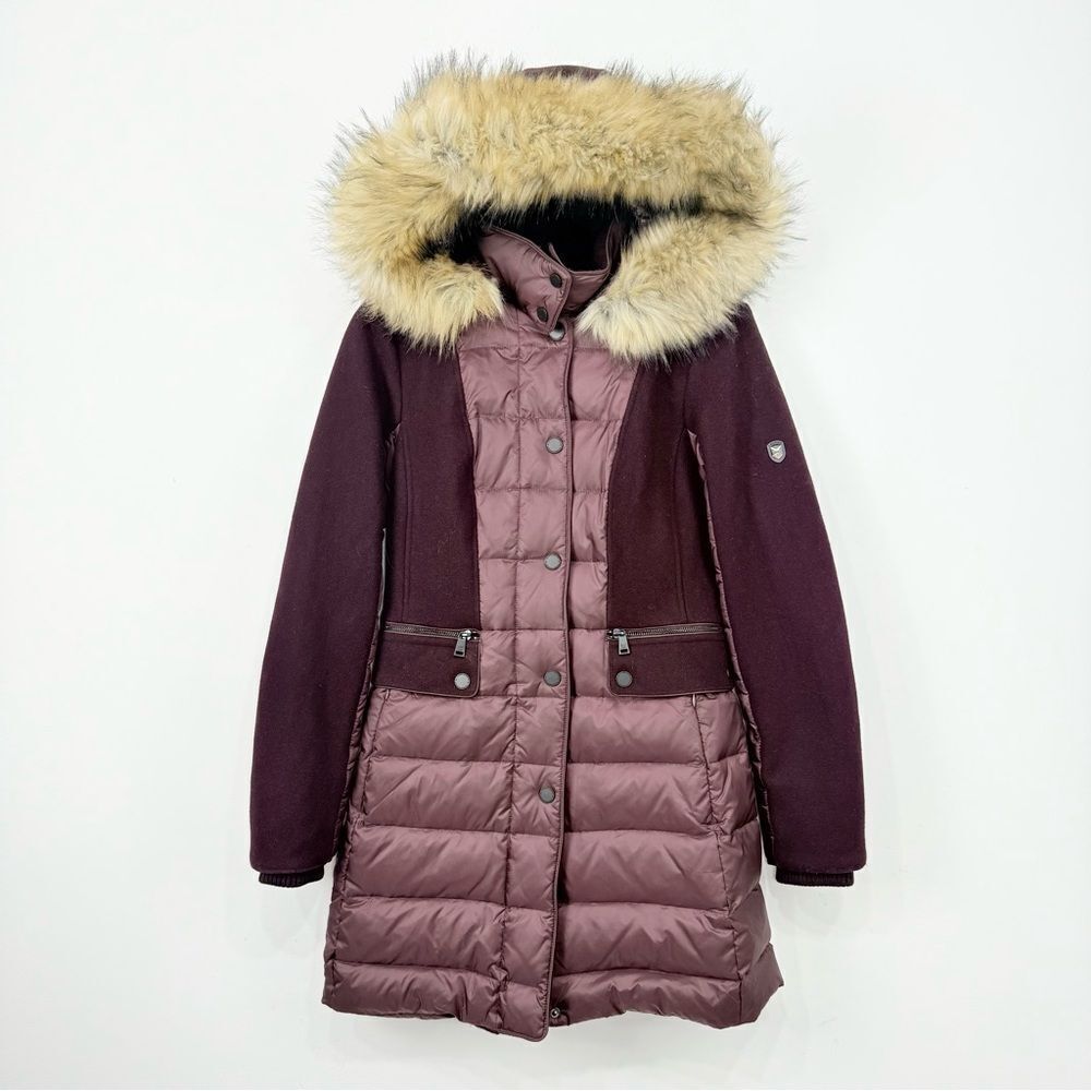 1 Madison Expedition Burgundy Wool Down Insulated Puffer Coat Faux Fur Hood